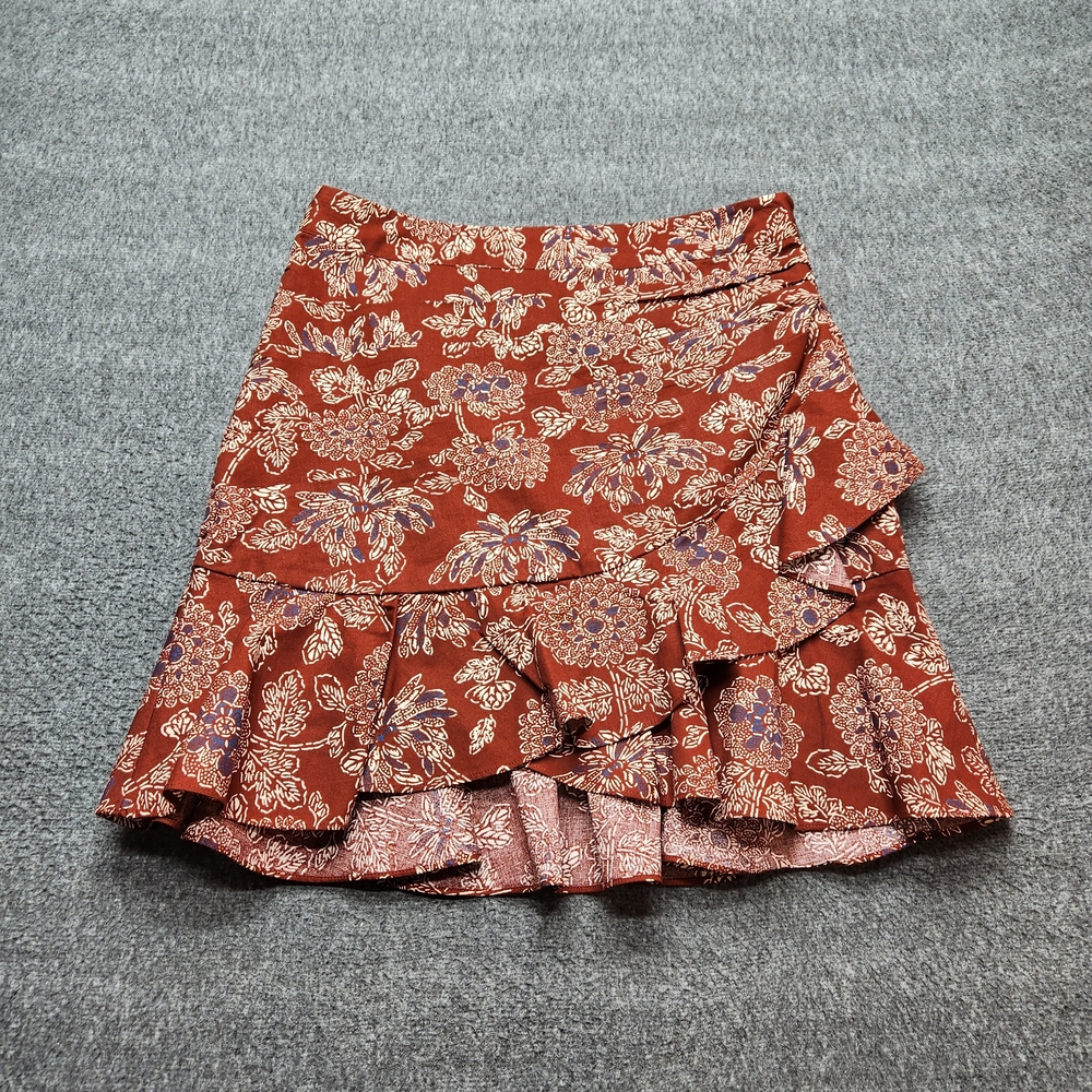 Veronica Beard Rust and Cream Floral Ruffle Mini Skirt